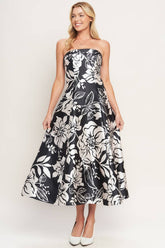 Strapless Floral Woven Midi Dress