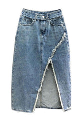 Distressed Denim Maxi Skirt