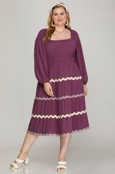 Long Sleeve Wover Tiered Ric Rac Trim Dress