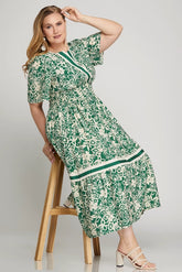 Half Sleeve Woven Floral Tiered Midi Dress