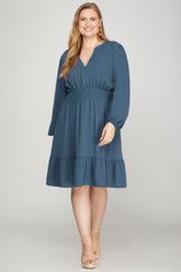 Long Sleeve Elastic Waist Woven Dress