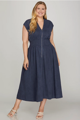 Drop Shoulder Front Zip Midi Dress