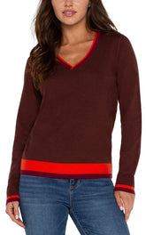 Long Sleeev V-Neck Colorblock Sweater
