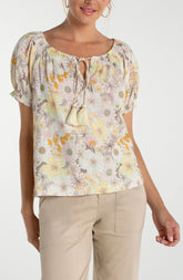 Floral Woven Top w Tassel Tie
