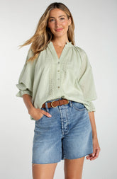 3/4 Sleeve Button Front Woven Top