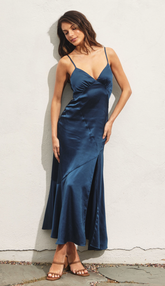 Satin Tie-Back Slit Midi Dress