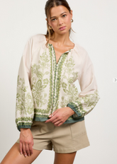 Border Print Button Blouse