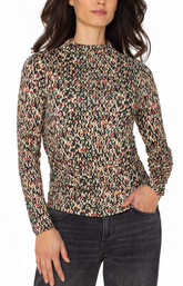 Long Sleeve Mock Neck Knit Top W/ Shirring