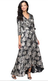 Long Printed Jacquard Portrait Collar Dress High Low Hem and Tie Belt