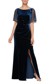 Fit and Flare Dress Flutter Sleeves and Front Slit