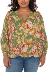 Long Sleeve V-neck Pleated Top