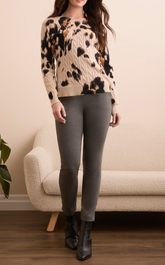 Animal Printed Cable Crew Neck Sweater