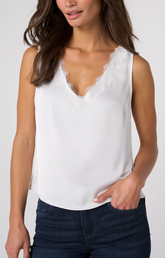 V-neck Woven Tank W/ Lace Trim