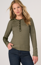 L/S Striped Henley Top w/ Sweater Trim