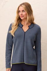 Diagonal Stripe Split Neck Sweater
