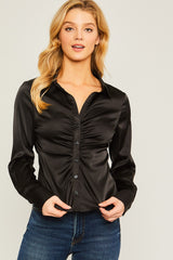 Long Sleeve Ruched Button Down Blouse