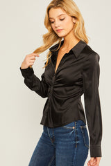 Long Sleeve Ruched Button Down Blouse