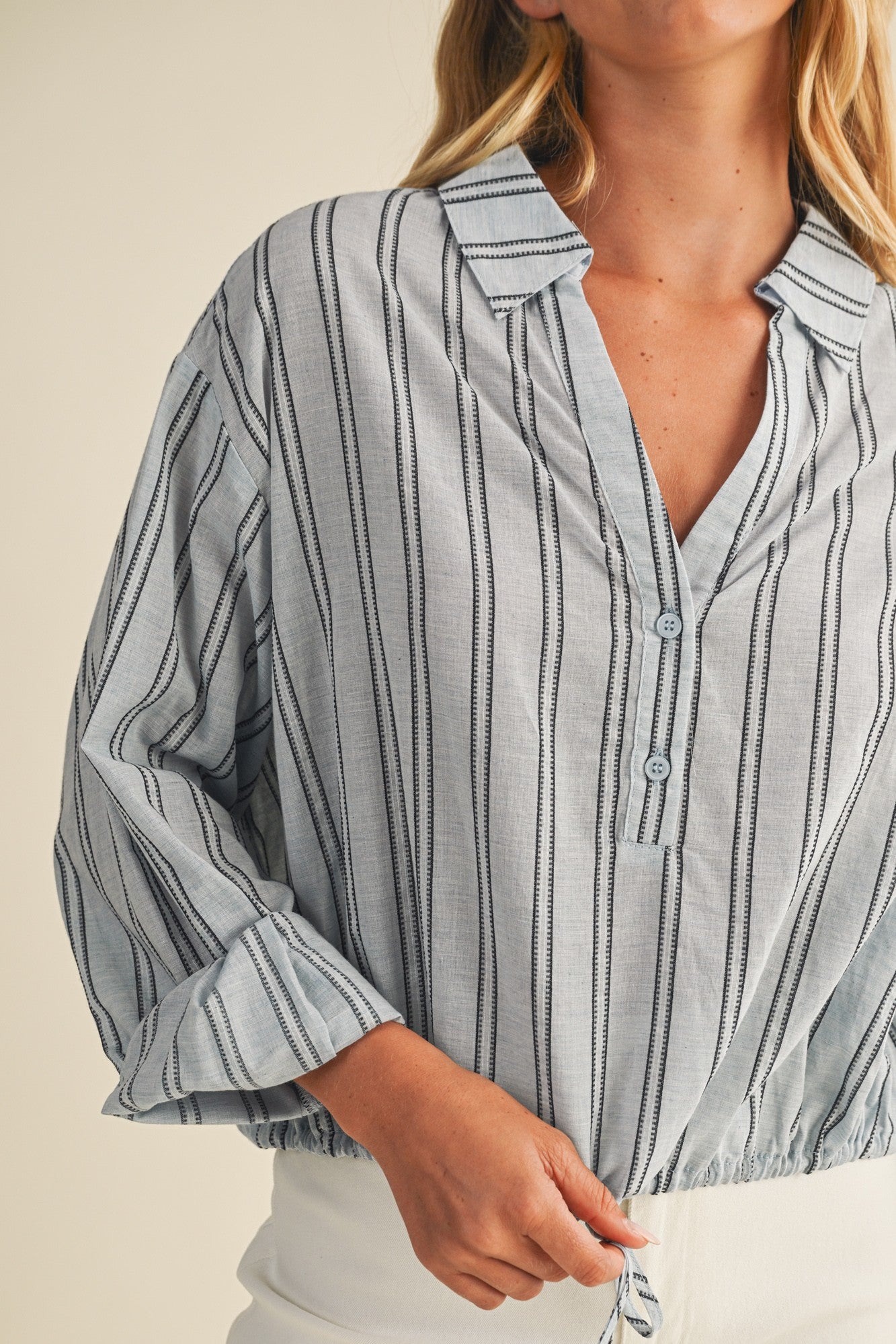 Stripe Jacquard Shirt With Drawstring Waist