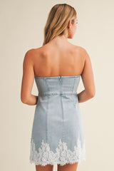 Denim Tube Top Dress Lace Hem
