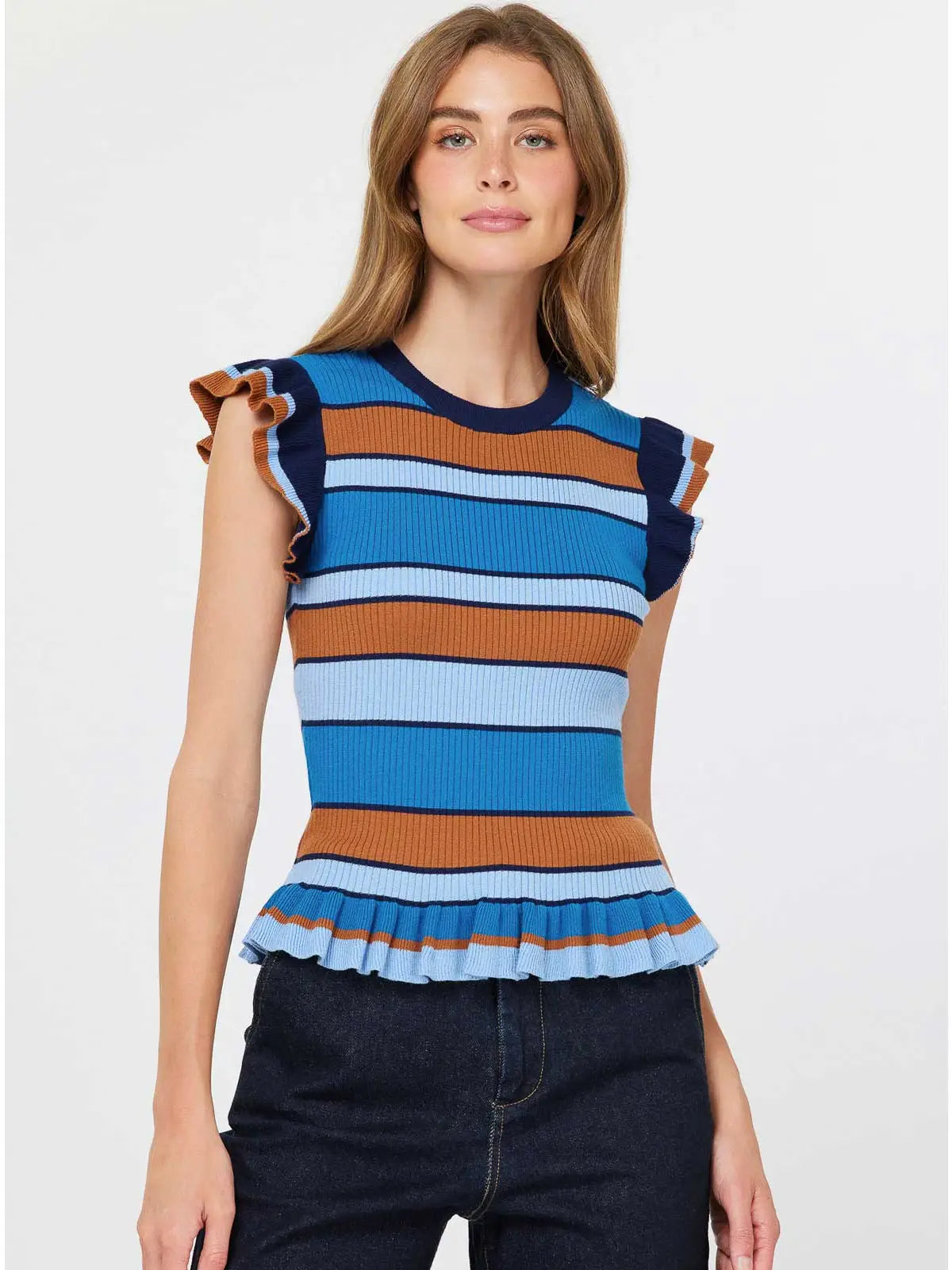 Stripped Ruffle Hem Sweater Top