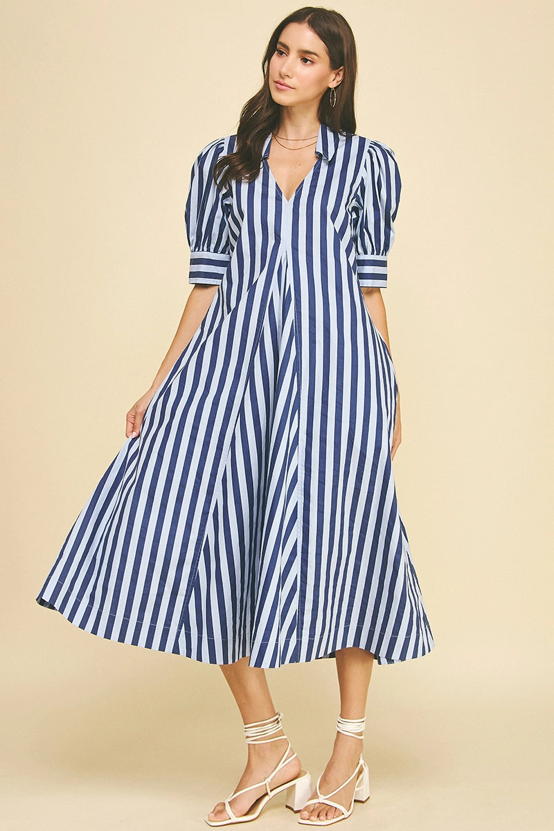 Striped V-Neck Midi Dress