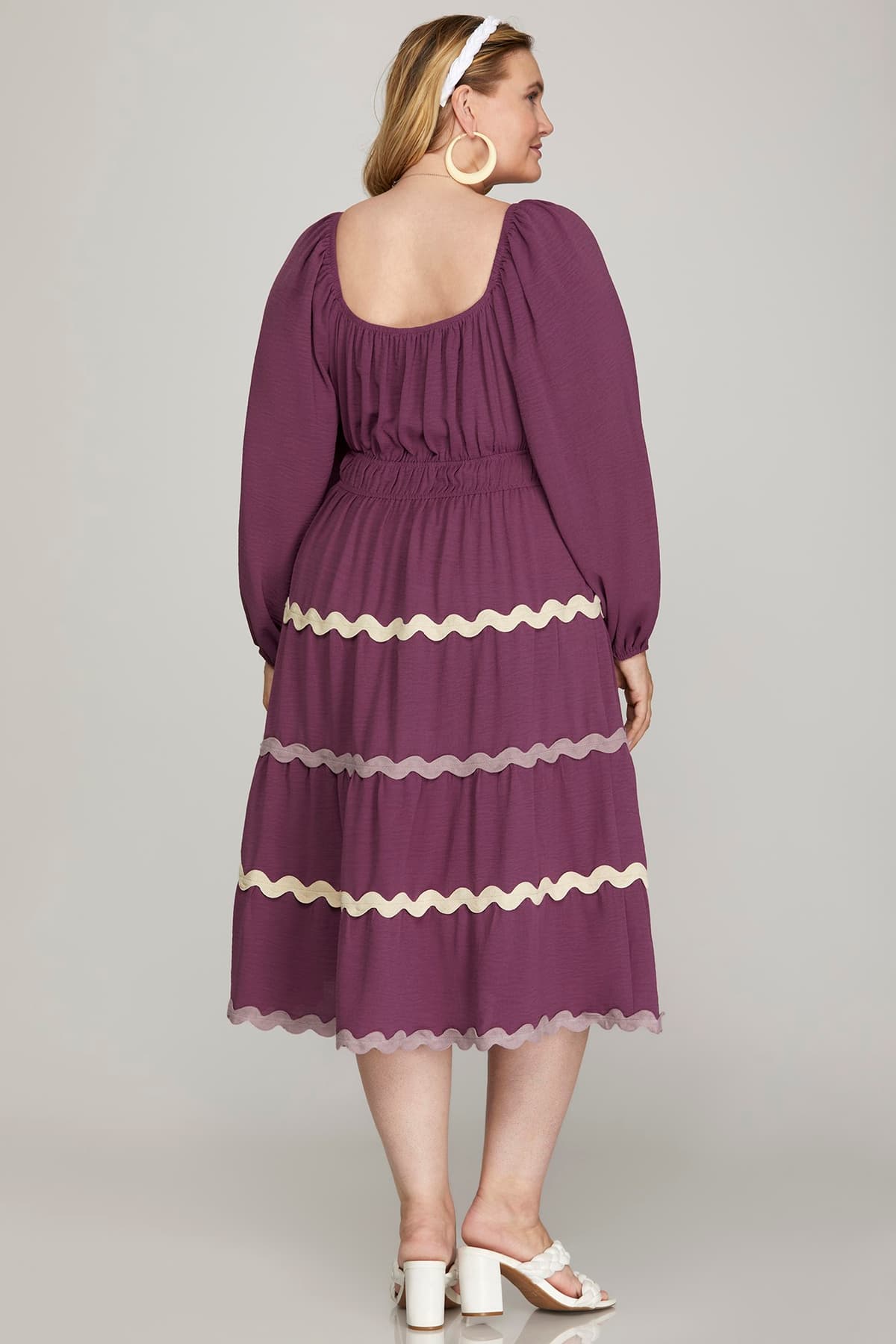 Long Sleeve Wover Tiered Ric Rac Trim Dress