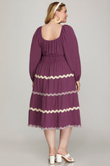 Long Sleeve Wover Tiered Ric Rac Trim Dress