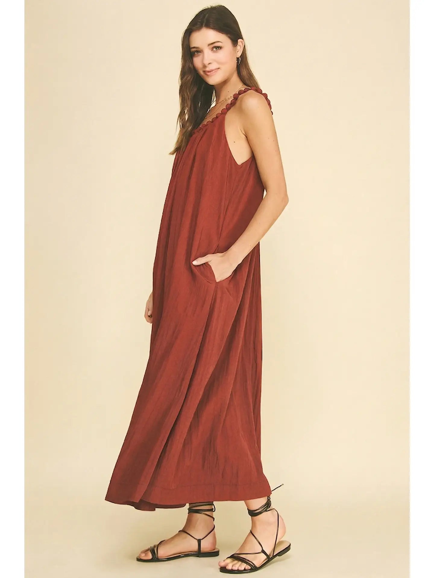 Ball Trim Neckline Solid Maxi Dress