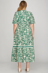 Half Sleeve Woven Floral Tiered Midi Dress