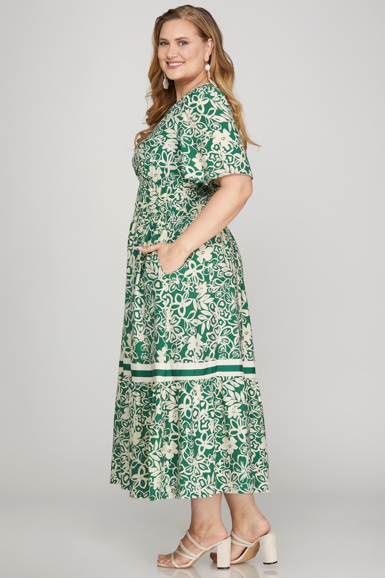 Half Sleeve Woven Floral Tiered Midi Dress