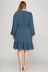 Long Sleeve Elastic Waist Woven Dress