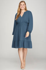 Long Sleeve Elastic Waist Woven Dress