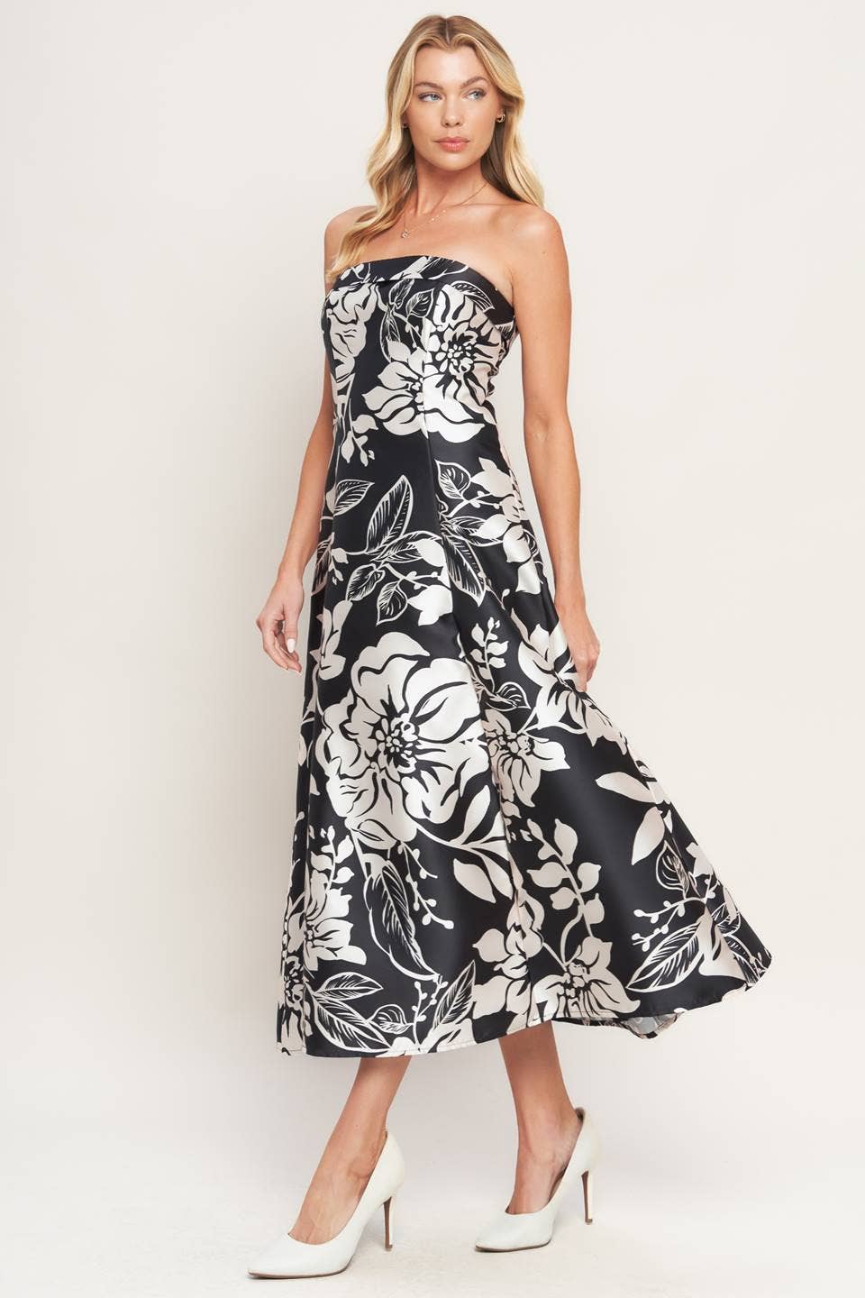 Strapless Floral Woven Midi Dress