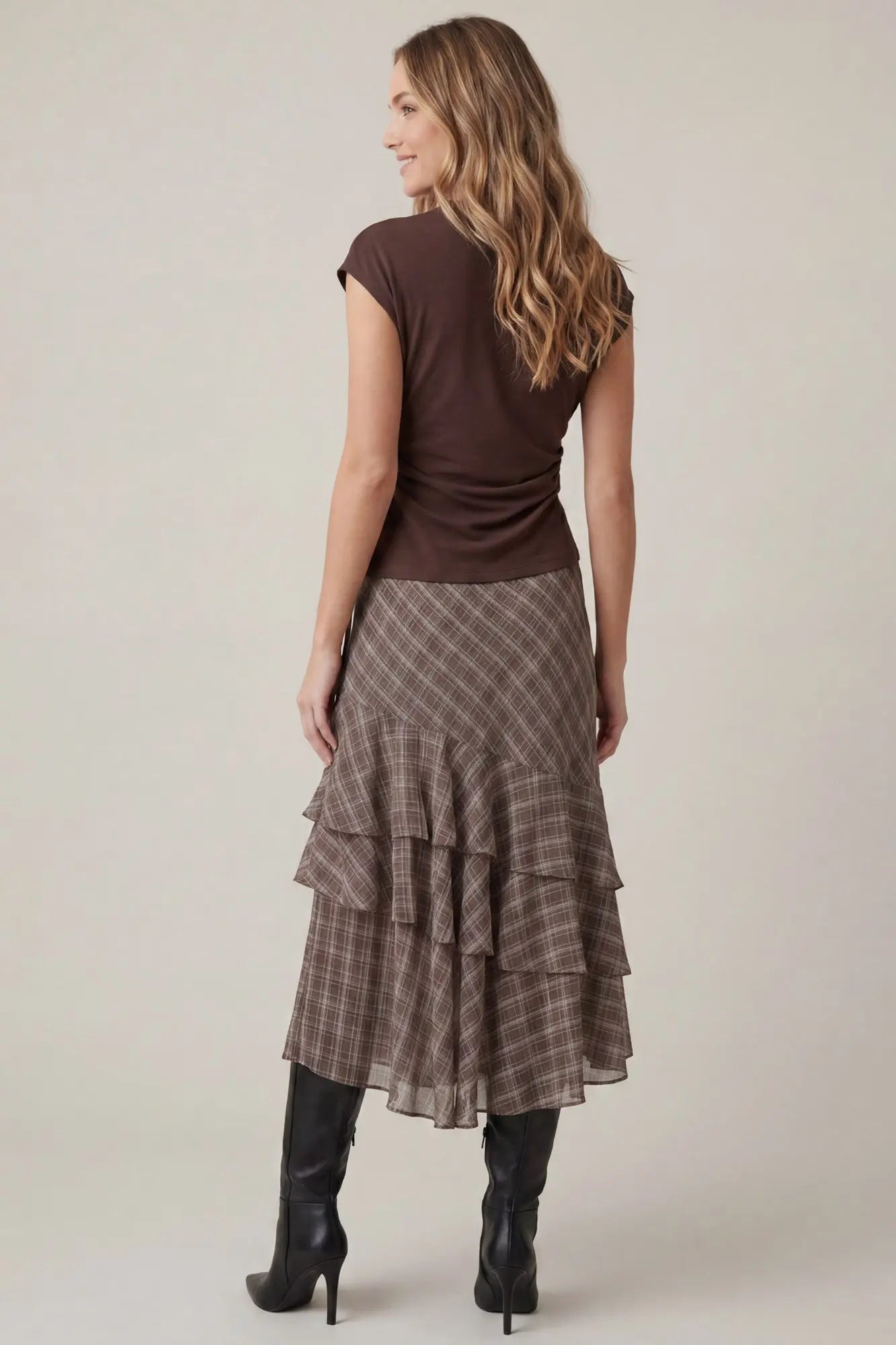 Asymmetrical Ruffle Plaid Midi Skirt
