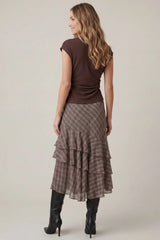 Asymmetrical Ruffle Plaid Midi Skirt