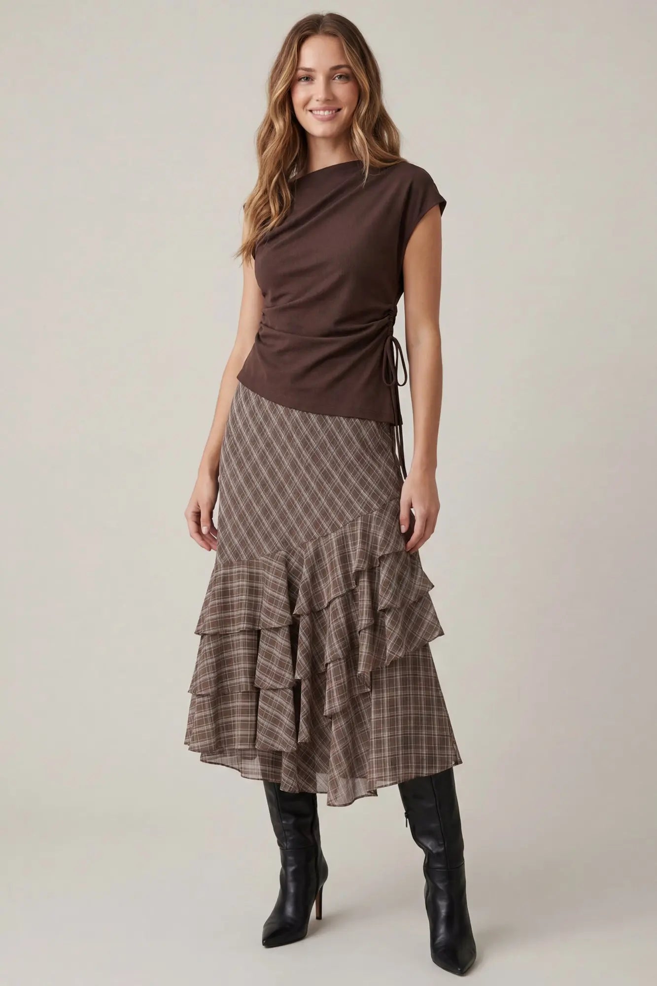 Asymmetrical Ruffle Plaid Midi Skirt