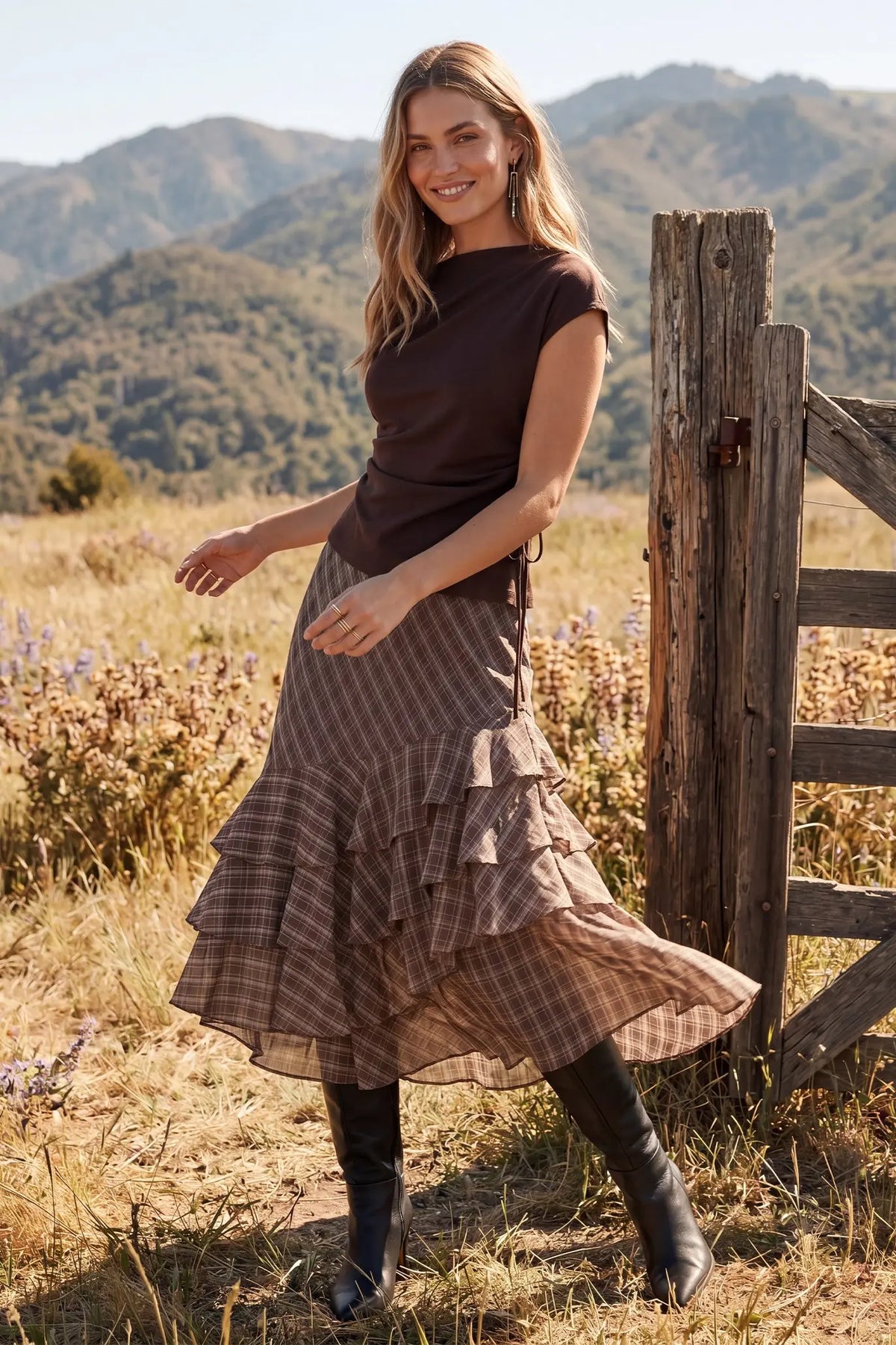 Asymmetrical Ruffle Plaid Midi Skirt