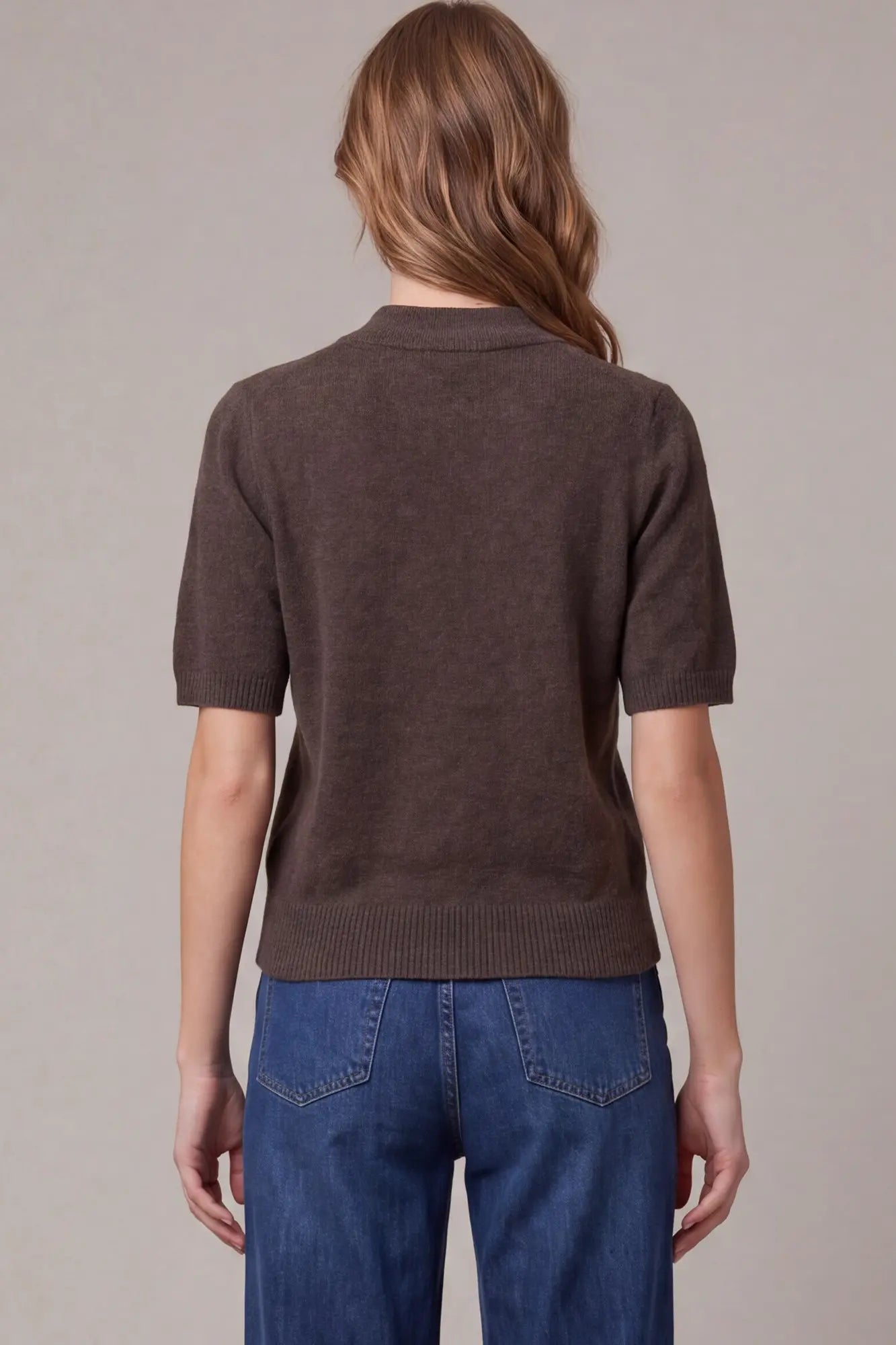 Tie Neck Short Sleeve Button Down Sweater