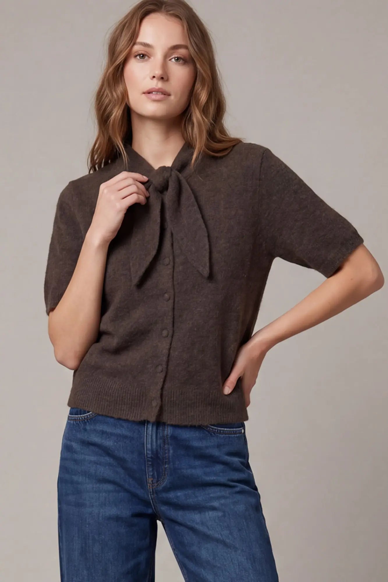 Tie Neck Short Sleeve Button Down Sweater