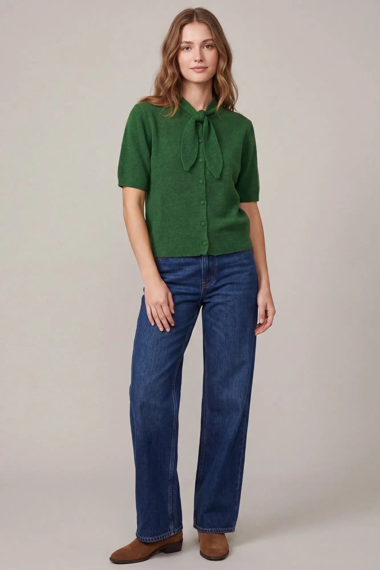 Tie Neck Short Sleeve Button Down Sweater