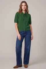Tie Neck Short Sleeve Button Down Sweater