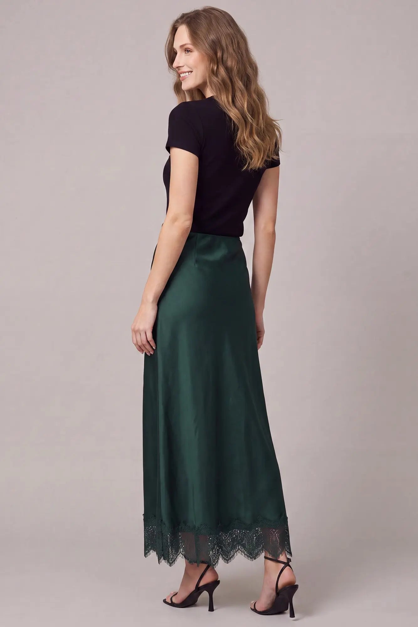 Satin Maxi Skirt w/ Lace Trim