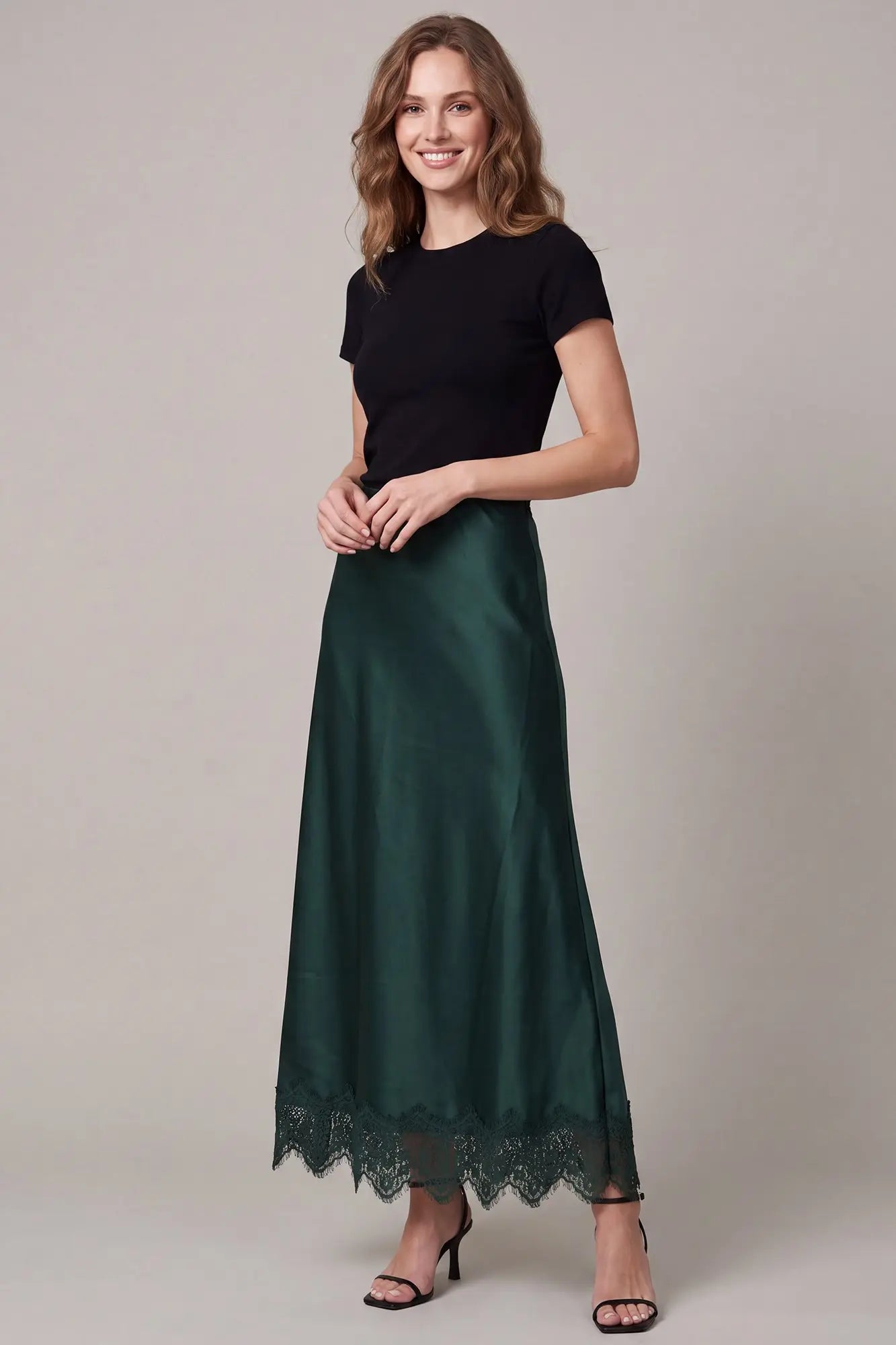 Satin Maxi Skirt w/ Lace Trim