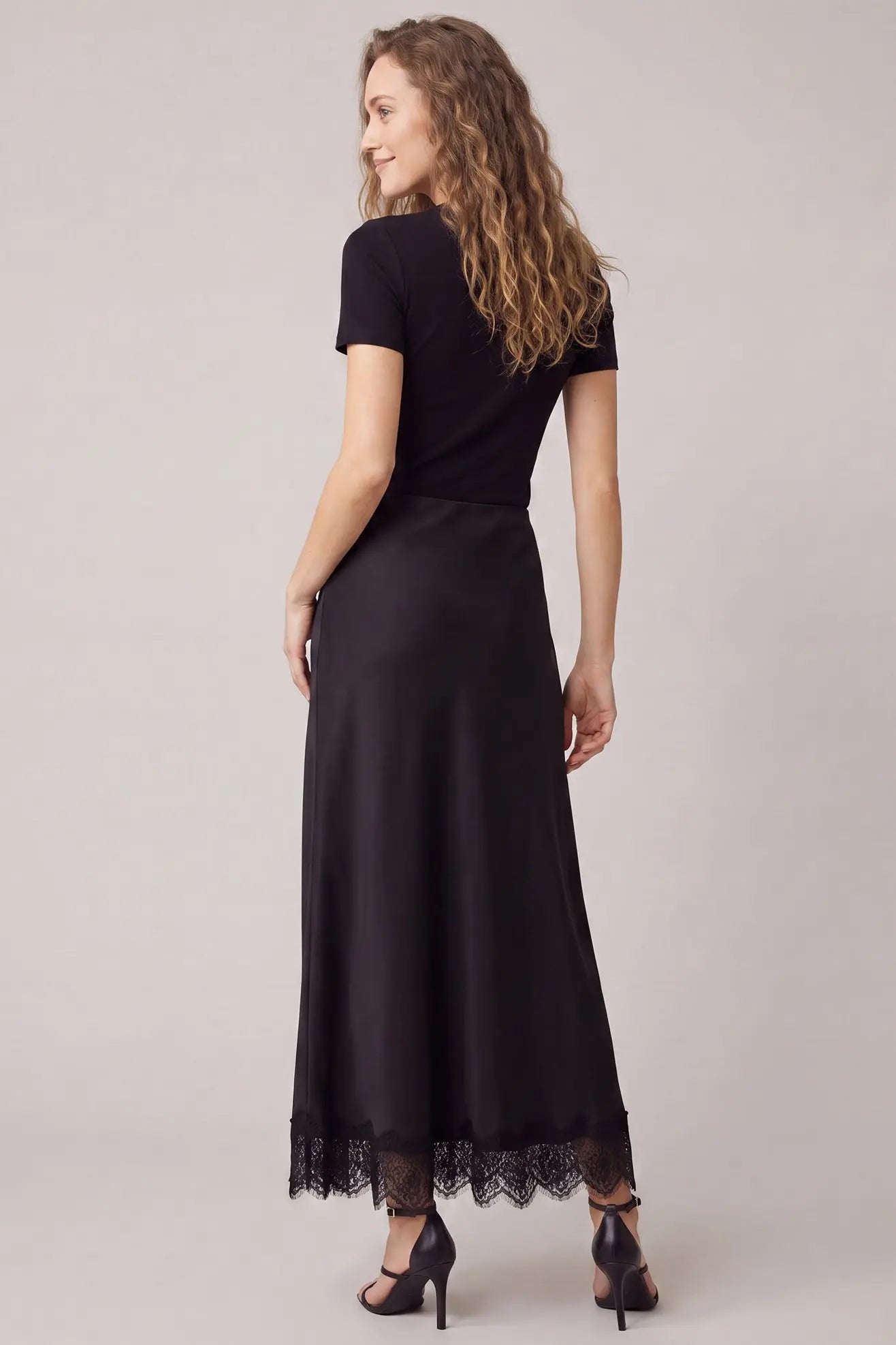 Satin Maxi Skirt w/ Lace Trim