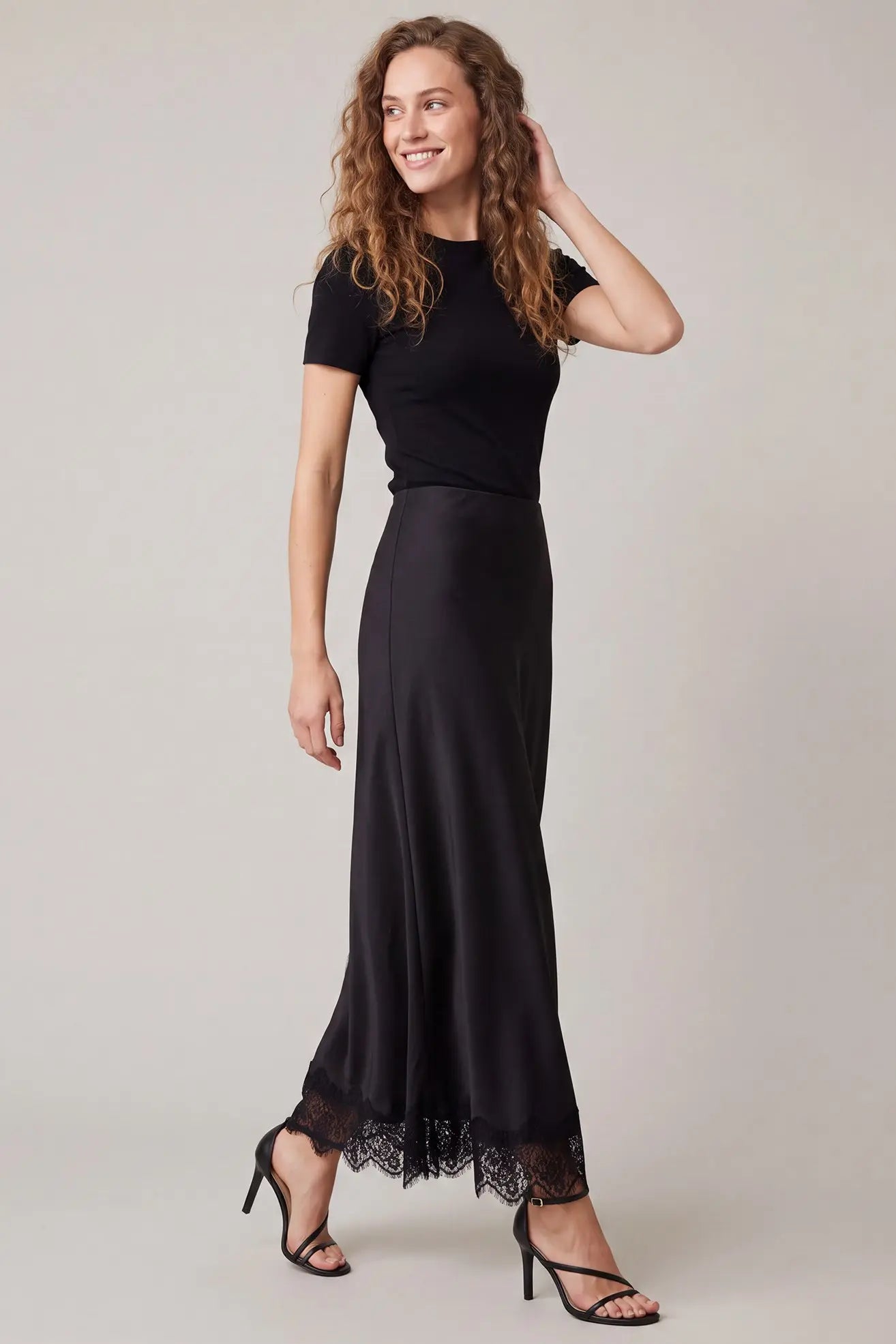 Satin Maxi Skirt w/ Lace Trim
