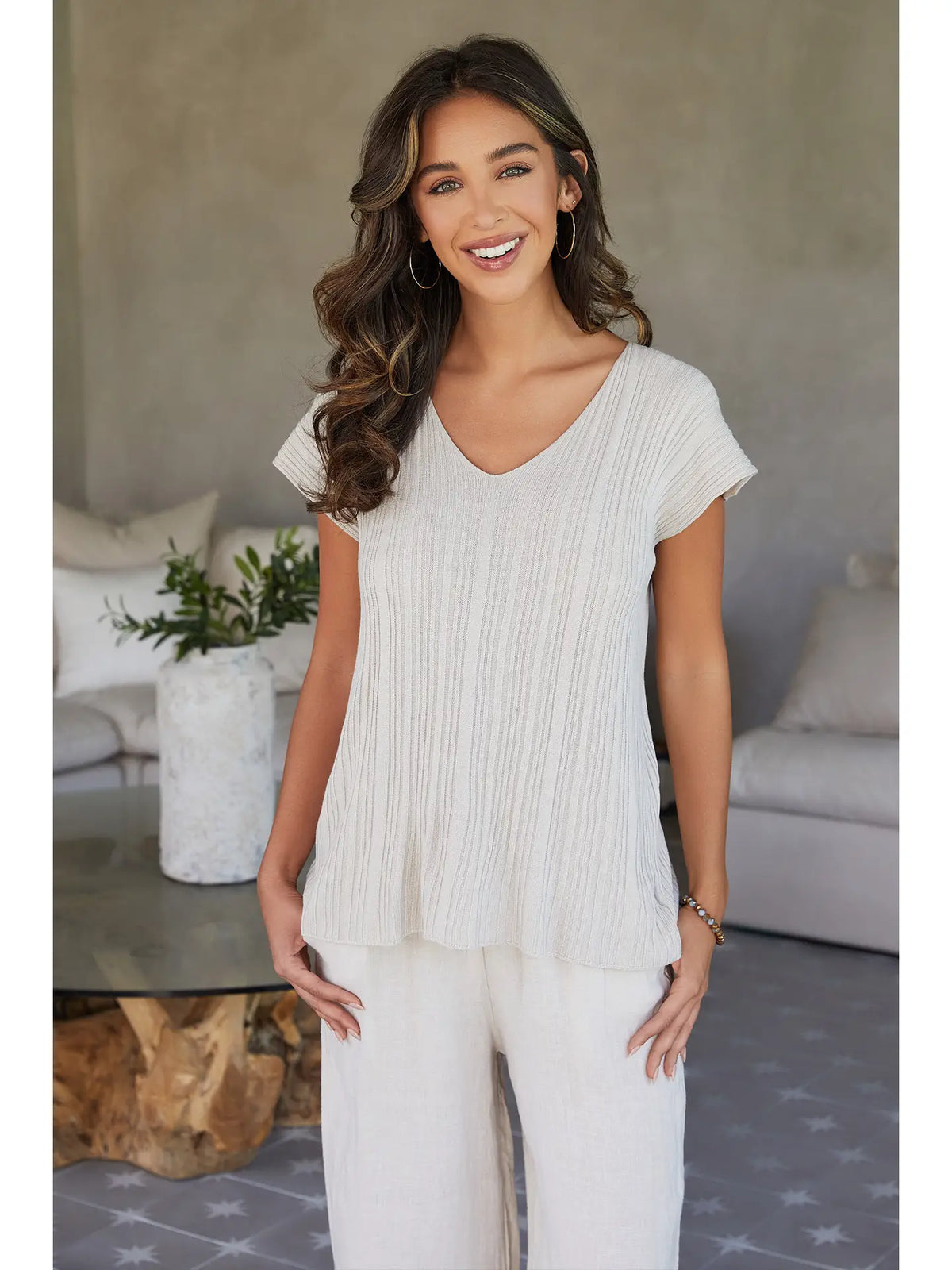 Short Sleeve Ribbed Vneck