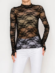 Sheer Flower Lace Long Sleeve Top