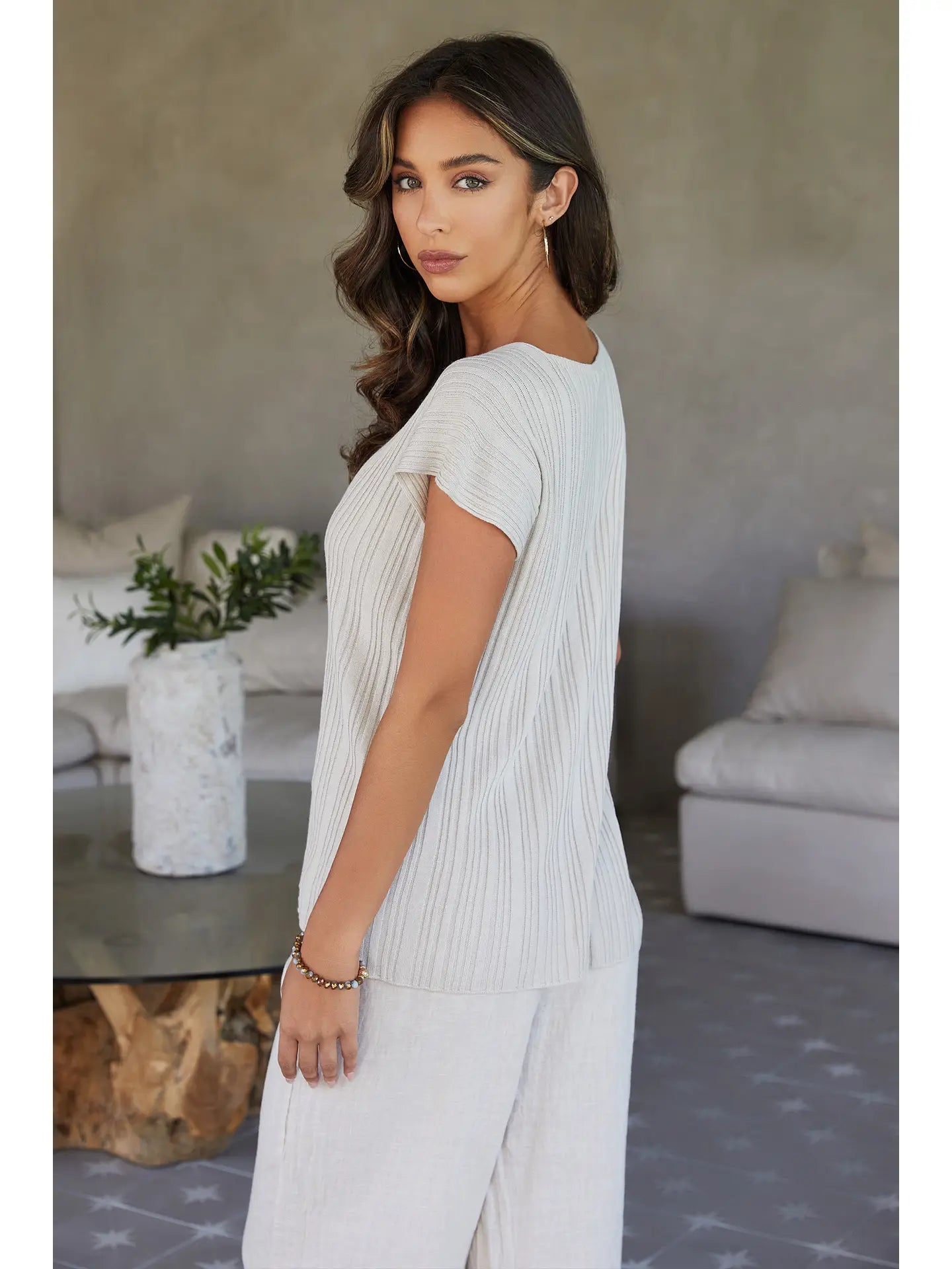 Short Sleeve Ribbed Vneck