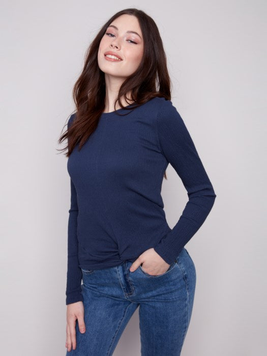 Faux Front Knot Textured Knit Top
