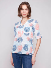 Jasmine Flower Button Down Roll Sleeve Top